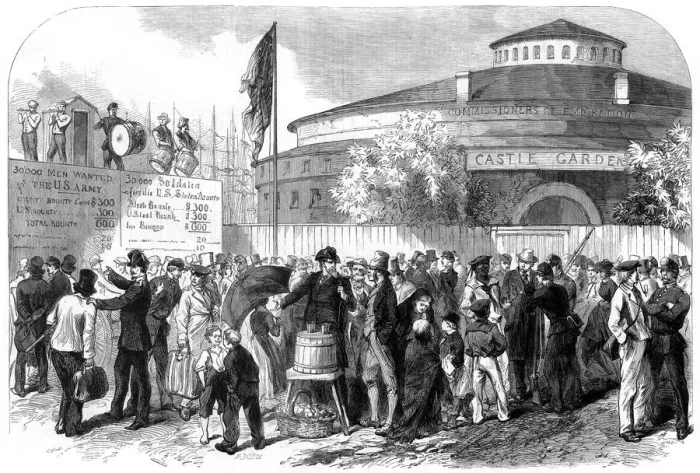 Framed Print : Enlisting Irish and German emigrants on the Battery, New York, USA, 1864. Artist: M Jackson Framed Print : Enlisting Irish and German emigrants on the Battery, New York, USA, 1864. Artist: M Jackson