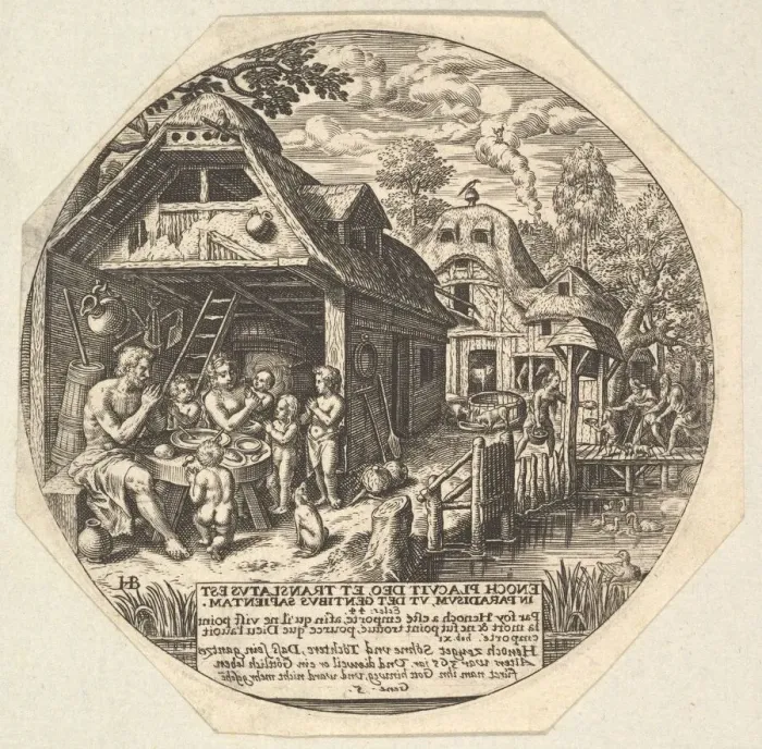 Framed Print : Enoch and his family surrounding a meal table and holding their hands in a gestur... ca Framed Print : Enoch and his family surrounding a meal table and holding their hands in a gestur... ca