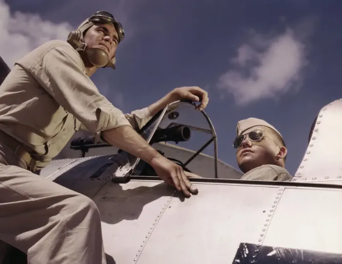 Framed Print : Ens[ign] Noressey and Cadet Thenics at the Naval Air Base, Corpus Christi, Texas, 1942. Creator: Howard Hollem