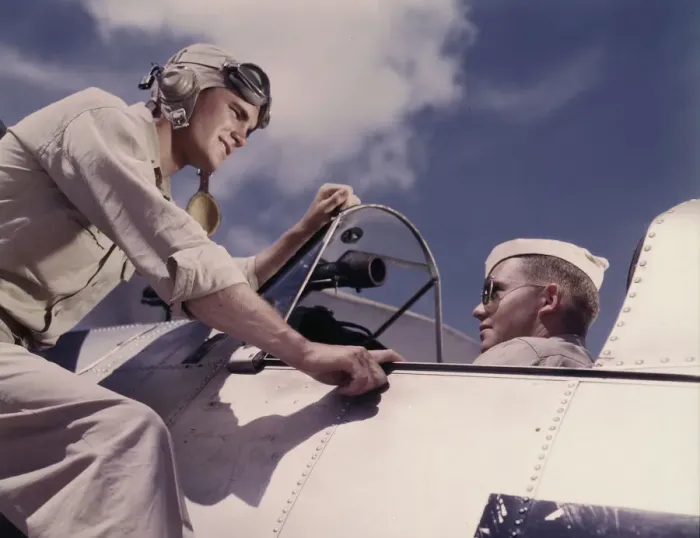 Framed Print : Ensign Noressey and Cadet Thenics at the Naval Air base, Corpus Christi, Texas, 1942. Creator: Howard Hollem Framed Print : Ensign Noressey and Cadet Thenics at the Naval Air base, Corpus Christi, Texas, 1942. Creator: Howard Hollem