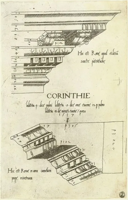 Framed Print : Entablatures from Santa Pudenziana and the Arch of Camigliano, Rome, 1537. Creator: Master PS Framed Print : Entablatures from Santa Pudenziana and the Arch of Camigliano, Rome, 1537. Creator: Master PS