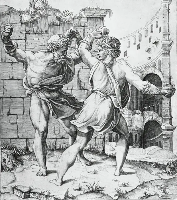 Framed Print : Entellus and Dares, between 1520 and 1525. Creators: Marco Dente, Giulio Romano Framed Print : Entellus and Dares, between 1520 and 1525. Creators: Marco Dente, Giulio Romano