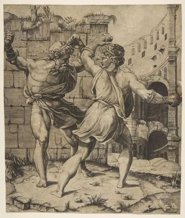 Framed Print : Entellus and Dares fighting in front of classical ruins, 1520-25. Creator: Marco Dente Framed Print : Entellus and Dares fighting in front of classical ruins, 1520-25. Creator: Marco Dente