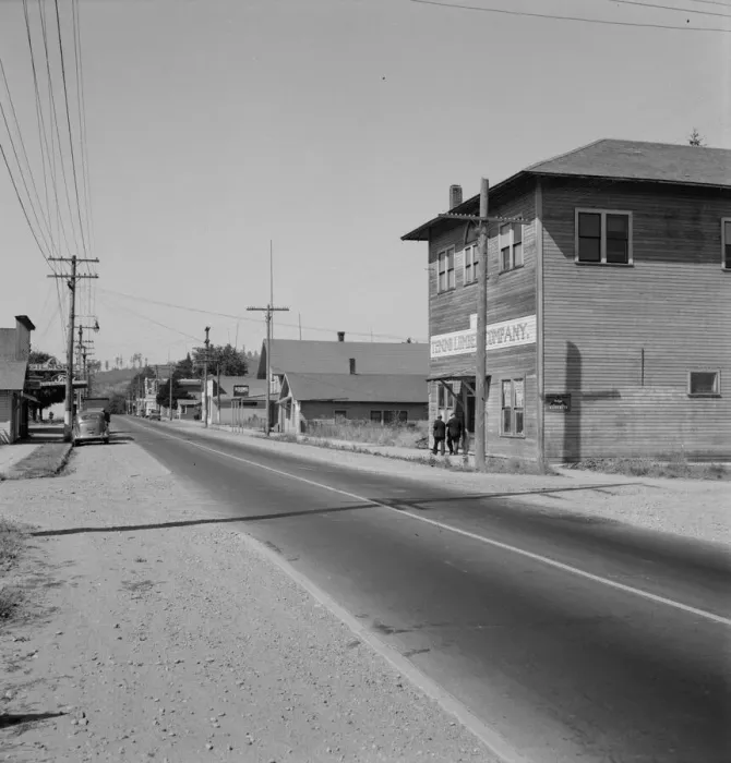 Framed Print : Entering main street from the north, Tenino, Thurston County, Western Washington, 1939. Creator: Dorothea Lange Framed Print : Entering main street from the north, Tenino, Thurston County, Western Washington, 1939. Creator: Dorothea Lange