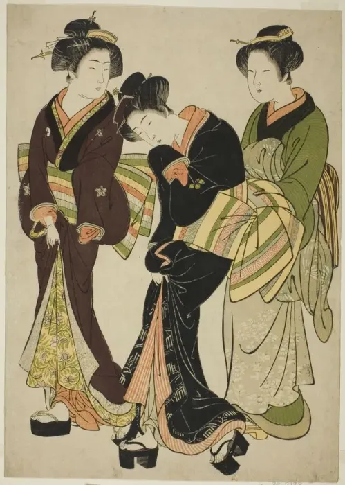 Framed Print : Two Entertainers and a Maid, c. 1777. Creator: Kitao Shigemasa Framed Print : Two Entertainers and a Maid, c. 1777. Creator: Kitao Shigemasa