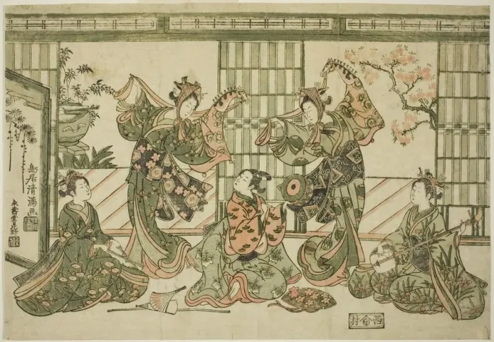 Framed Print : Entertainers performing the hobby-horse dance, c. 1764. Creator: Torii Kiyomitsu Framed Print : Entertainers performing the hobby-horse dance, c. 1764. Creator: Torii Kiyomitsu