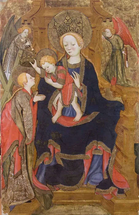 Framed Print : Enthroned Madonna and Child, crowning Saint Eulalia, 1425. Creator: Mates, Joan (Juan) (around 1370-1431)