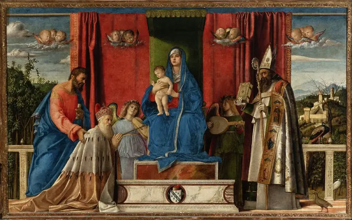 Framed Print : Enthroned Madonna and Child, two musical angels, Saint Mark, Saint Augustine and Doge... 1488. Creator: Bellini, Giovanni (1430-1516) Framed Print : Enthroned Madonna and Child, two musical angels, Saint Mark, Saint Augustine and Doge... 1488. Creator: Bellini, Giovanni (1430-1516)