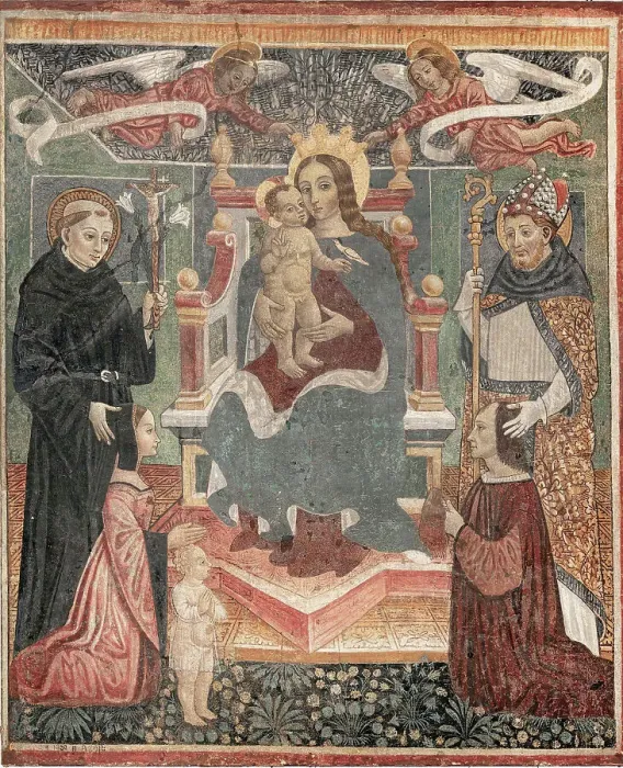 Framed Print : Enthroned Madonna and Child between Saint Nicholas of Tolentino and a bishop, with donors... 1499. Creator: Cagnola (Cagnoli), Tommaso (vor 1479-um 1509) Framed Print : Enthroned Madonna and Child between Saint Nicholas of Tolentino and a bishop, with donors... 1499. Creator: Cagnola (Cagnoli), Tommaso (vor 1479-um 1509)