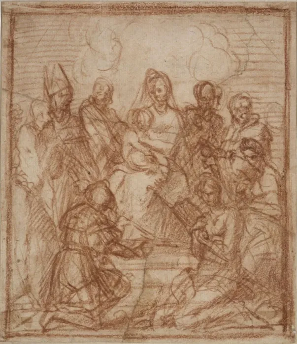 Framed Print : Enthroned Madonna with Child and eight saints (Composition study), 1528. Artist: Andrea del Sarto (1486-1531) Framed Print : Enthroned Madonna with Child and eight saints (Composition study), 1528. Artist: Andrea del Sarto (1486-1531)