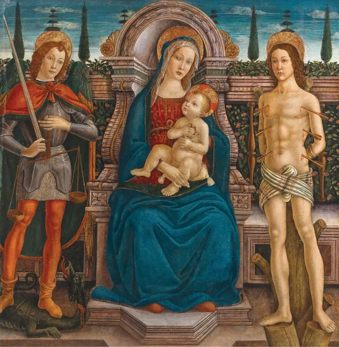 Framed Print : Enthroned Madonna and Child with Saints Michael and Sebastian, Second Half of the 15th cen.. Creator: Filippelli; Filippo di Antonio (1460-1506) Framed Print : Enthroned Madonna and Child with Saints Michael and Sebastian, Second Half of the 15th cen.. Creator: Filippelli; Filippo di Antonio (1460-1506)