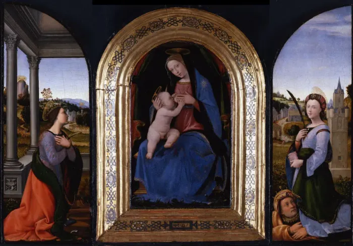 Framed Print : Enthroned Maria lactans with Saints Catherine of Alexandria and Barbara and her father Dioscurus, 15 Artist: Albertinelli, Mariotto (1474-1515) Framed Print : Enthroned Maria lactans with Saints Catherine of Alexandria and Barbara and her father Dioscurus, 15 Artist: Albertinelli, Mariotto (1474-1515)