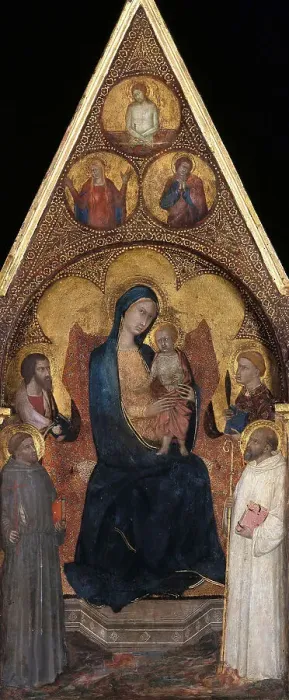 Framed Print : Enthroned Mary with the Child and four saints, c.1350. Creator: Master of the Madonna of the Palazzo Venezia (active 1340-1360)