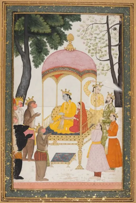 Framed Print : Enthroned Rama and Sita receive homage from their monkey and bear allies, c. 1765 Framed Print : Enthroned Rama and Sita receive homage from their monkey and bear allies, c. 1765