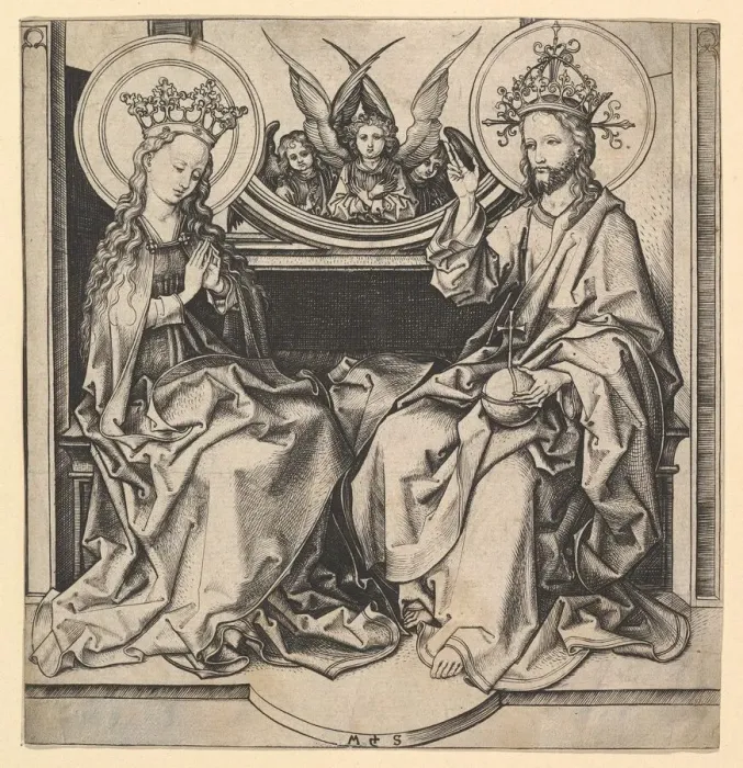 Framed Print : The Enthronement of the Virgin, ca. 1435-1491. Creator: Martin Schongauer Framed Print : The Enthronement of the Virgin, ca. 1435-1491. Creator: Martin Schongauer