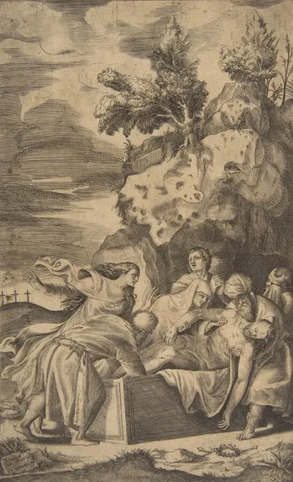 Framed Print : The entombment of Christ, the crosses on Calvary visble in left background, 1563 Framed Print : The entombment of Christ, the crosses on Calvary visble in left background, 1563
