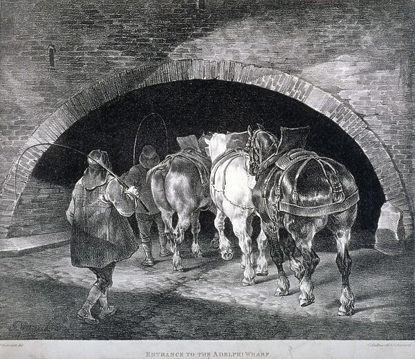 Entrance to the Adelphi wharf showing work horses and two men, Westminster, London, c1850