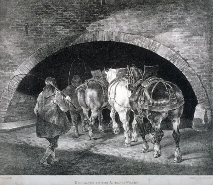Framed Print : Entrance to the Adelphi wharf showing work horses and two men, Westminster, London, c1850 Framed Print : Entrance to the Adelphi wharf showing work horses and two men, Westminster, London, c1850