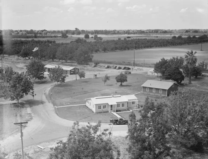 Framed Print : Entrance to camp showing clinic, Farmersville, California, 1939. Creator: Dorothea Lange Framed Print : Entrance to camp showing clinic, Farmersville, California, 1939. Creator: Dorothea Lange