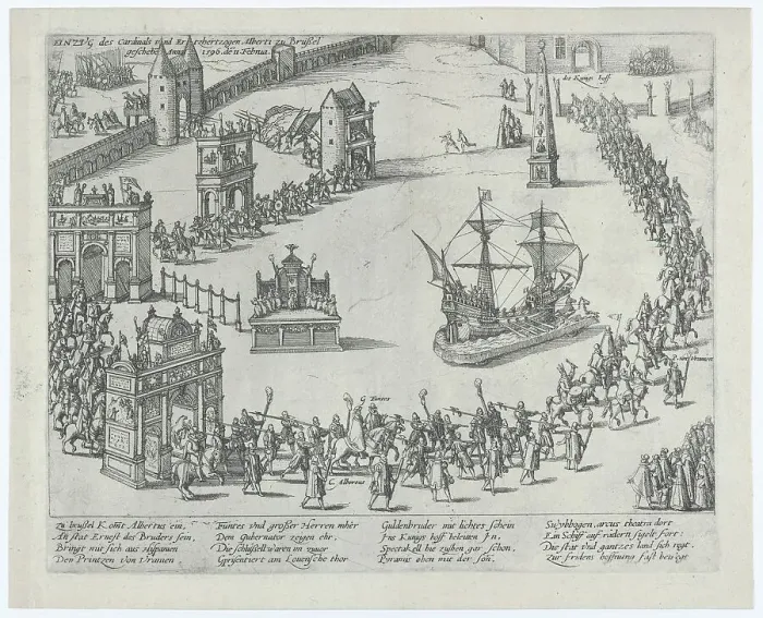 Framed Print : Entrance of the Cardinal and Archduke Albert to Brussels in 1596, after 1596. Creator: Anon Framed Print : Entrance of the Cardinal and Archduke Albert to Brussels in 1596, after 1596. Creator: Anon