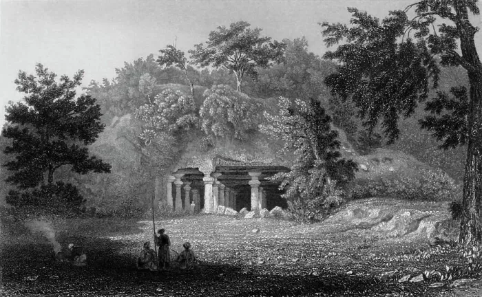 Framed Print : Entrance to the Cave of Elephanta, 1835. Creator: William Purser Framed Print : Entrance to the Cave of Elephanta, 1835. Creator: William Purser