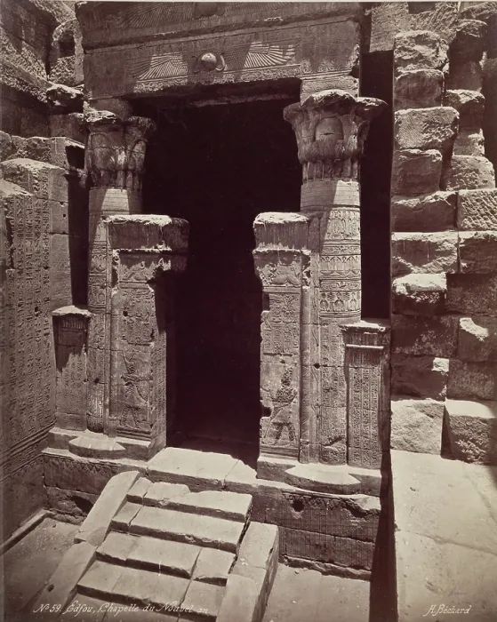 Framed Print : Entrance to the Chapel of the New Year in the Temple of Ed Edfu, late 19th century. Creator: Henri Bechard Framed Print : Entrance to the Chapel of the New Year in the Temple of Ed Edfu, late 19th century. Creator: Henri Bechard