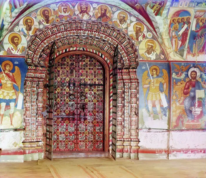Framed Print : Entrance into the Church of Saint John the Precursor, from the gallery... Yaroslavl, 1911. Creator: Sergey Mikhaylovich Prokudin-Gorsky Framed Print : Entrance into the Church of Saint John the Precursor, from the gallery... Yaroslavl, 1911. Creator: Sergey Mikhaylovich Prokudin-Gorsky