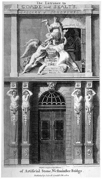Entrance to Coade and Sealeys Gallery of Coade stone sculpture, Lambeth, London, 1802
