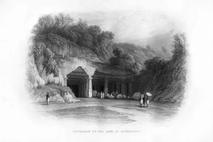 Framed Print : Entrance to the Elephanta Caves, Bombay, India, 19th century Framed Print : Entrance to the Elephanta Caves, Bombay, India, 19th century
