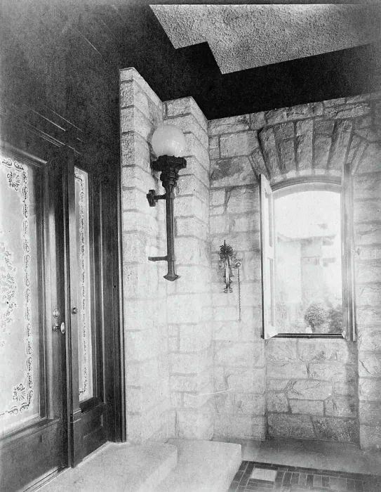 Framed Print : Entrance with etched glass door at left, sconce, and open window... Greenwich, Connecticut, 1908. Creator: Frances Benjamin Johnston Framed Print : Entrance with etched glass door at left, sconce, and open window... Greenwich, Connecticut, 1908. Creator: Frances Benjamin Johnston