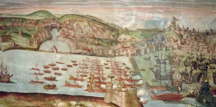 Framed Print : Entrance of the fleet in Lisbon, fresco in the hall of Portugal in the Palace of Framed Print : Entrance of the fleet in Lisbon, fresco in the hall of Portugal in the Palace of