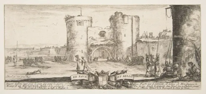 Framed Print : An entrance to a fortress in center, a woman with child seated by a fire to right, sol Framed Print : An entrance to a fortress in center, a woman with child seated by a fire to right, sol