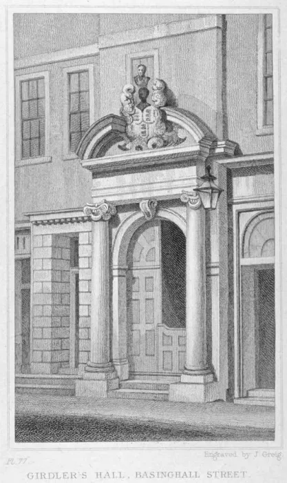 Framed Print : Entrance to Girdlers Hall, Basinghall Street, City of London, 1830. Artist: John Greig Framed Print : Entrance to Girdlers Hall, Basinghall Street, City of London, 1830. Artist: John Greig