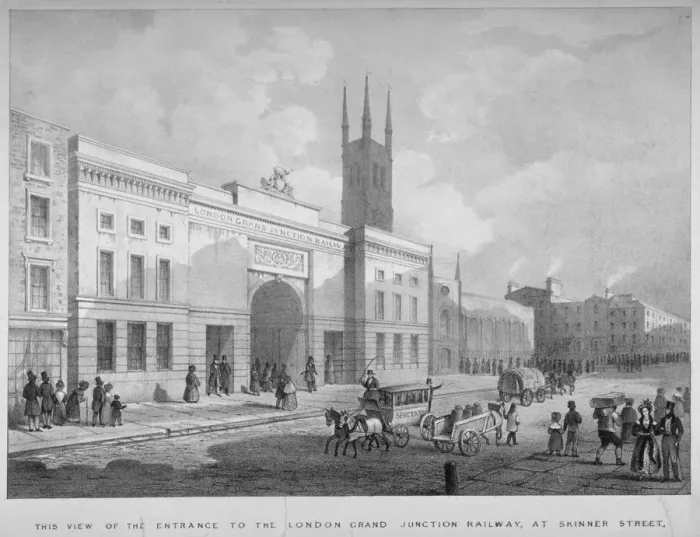 Framed Print : Entrance to the Grand Junction Railway terminal, Skinner Street, near Holborn Viaduct, London, 1835 Framed Print : Entrance to the Grand Junction Railway terminal, Skinner Street, near Holborn Viaduct, London, 1835
