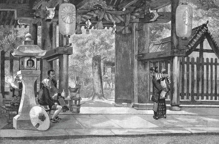 Framed Print : Entrance to the Great Shinto Temple at Kobe, Japan, 1891. Creator: Charles Edwin Fripp Framed Print : Entrance to the Great Shinto Temple at Kobe, Japan, 1891. Creator: Charles Edwin Fripp