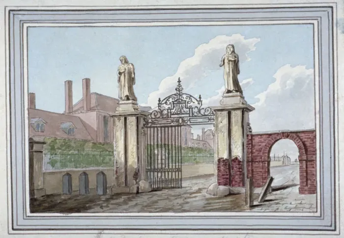 Framed Print : Entrance to the Haberdashers Almshouses in Pitfield Street, Shoreditch, London, c1830 Framed Print : Entrance to the Haberdashers Almshouses in Pitfield Street, Shoreditch, London, c1830