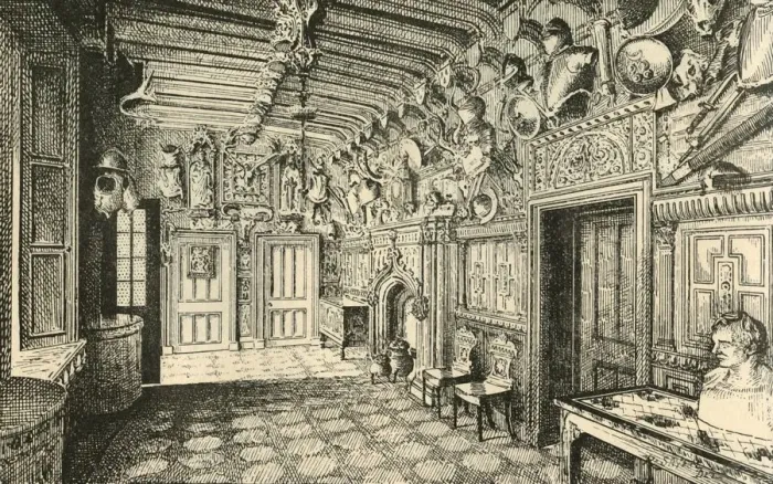 Framed Print : The Entrance-Hall. - Along the Wall are Many Suits of Old Armor. 1882 Framed Print : The Entrance-Hall. - Along the Wall are Many Suits of Old Armor. 1882
