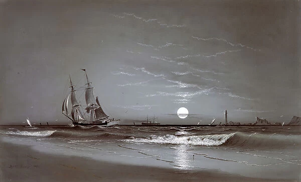 Entrance to Harbor—Moonlight, 1881. Creator: David Johnson Kennedy