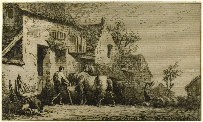 Framed Print : Entrance to an Inn, with Stable Boy, 1850. Creator: Charles Emile Jacque Framed Print : Entrance to an Inn, with Stable Boy, 1850. Creator: Charles Emile Jacque