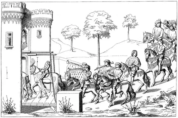 Framed Print : Entrance of the lord chief into the site of the tournament, 15th century (1849) Framed Print : Entrance of the lord chief into the site of the tournament, 15th century (1849)
