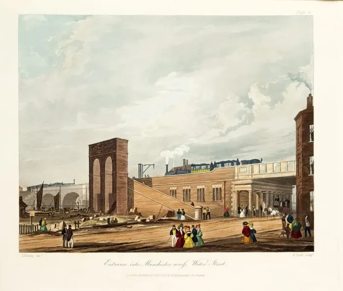 Framed Print : Entrance into Manchester Across Water Street, published 1831 (hand coloured engraving) Framed Print : Entrance into Manchester Across Water Street, published 1831 (hand coloured engraving)