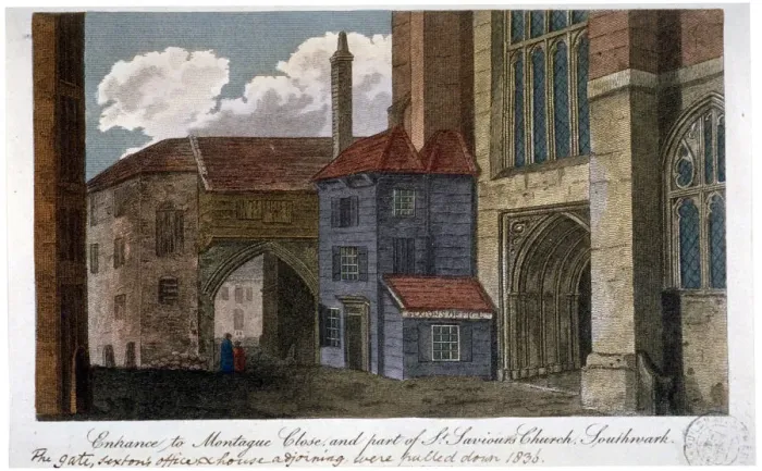 Framed Print : Entrance to Montague Close and part of Southwark Cathedral, London, c1830 Framed Print : Entrance to Montague Close and part of Southwark Cathedral, London, c1830