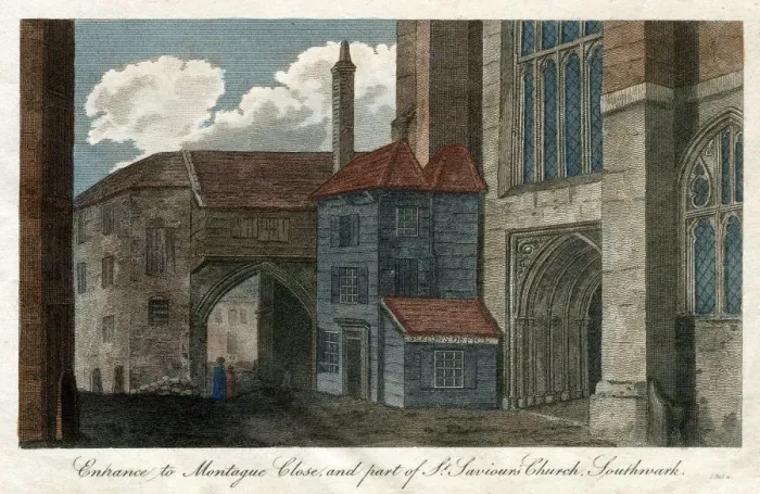 Framed Print : Entrance to Montague Close, and part of St Saviours Church, Southwark, London, 1814 Framed Print : Entrance to Montague Close, and part of St Saviours Church, Southwark, London, 1814