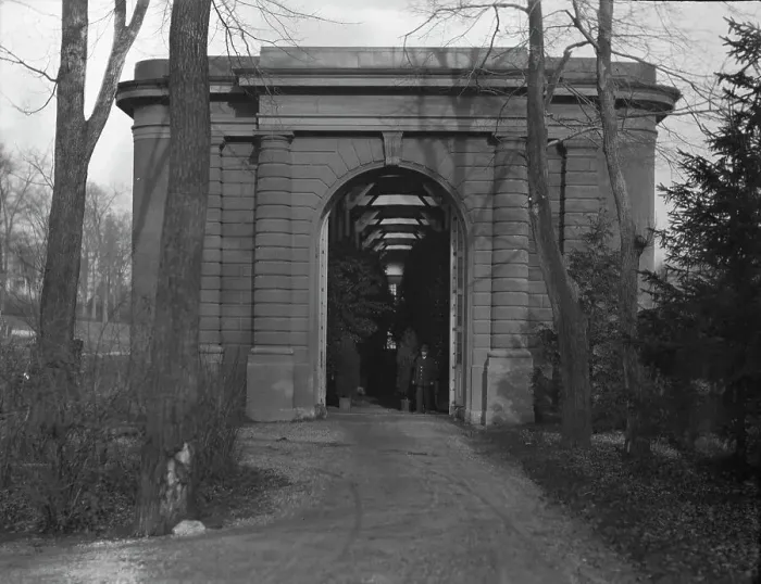 Framed Print : Entrance to the orangery of the gardens at Kijkuit, John D. Rockefeller's estate... c1916-1918. Creator: Arnold Genthe Framed Print : Entrance to the orangery of the gardens at Kijkuit, John D. Rockefeller's estate... c1916-1918. Creator: Arnold Genthe