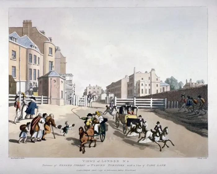 Framed Print : Entrance to Oxford Street at the Tyburn Turnpike, London, 1798. Artist: Heinrich Schutz Framed Print : Entrance to Oxford Street at the Tyburn Turnpike, London, 1798. Artist: Heinrich Schutz