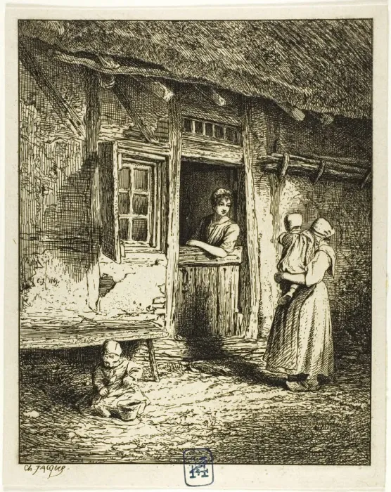 Framed Print : Entrance to a Peasants House, 1845. Creator: Charles Emile Jacque Framed Print : Entrance to a Peasants House, 1845. Creator: Charles Emile Jacque