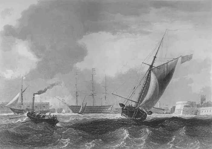 Framed Print : Entrance to Portsmouth Harbour, 1859. Artist: Edward Francis Finden Framed Print : Entrance to Portsmouth Harbour, 1859. Artist: Edward Francis Finden