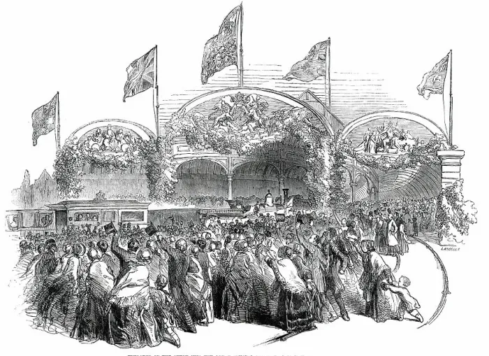 Framed Print : Entrance of the Queen into the Great Central Railway Station, Newcastle-Upon-Tyne, 1850. Creator: Ebenezer Landells Framed Print : Entrance of the Queen into the Great Central Railway Station, Newcastle-Upon-Tyne, 1850. Creator: Ebenezer Landells