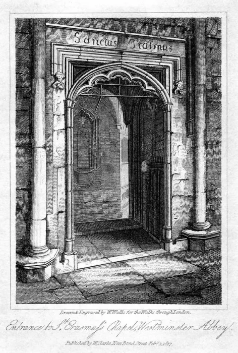 Framed Print : Entrance to St Erasmuss Chapel, Westminster Abbey, London, 1817. Artist: W Wallis Framed Print : Entrance to St Erasmuss Chapel, Westminster Abbey, London, 1817. Artist: W Wallis