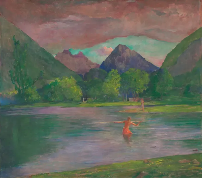 Framed Print : The Entrance to the Tautira River, Tahiti. Fisherman Spearing a Fish, c. 1895 Framed Print : The Entrance to the Tautira River, Tahiti. Fisherman Spearing a Fish, c. 1895